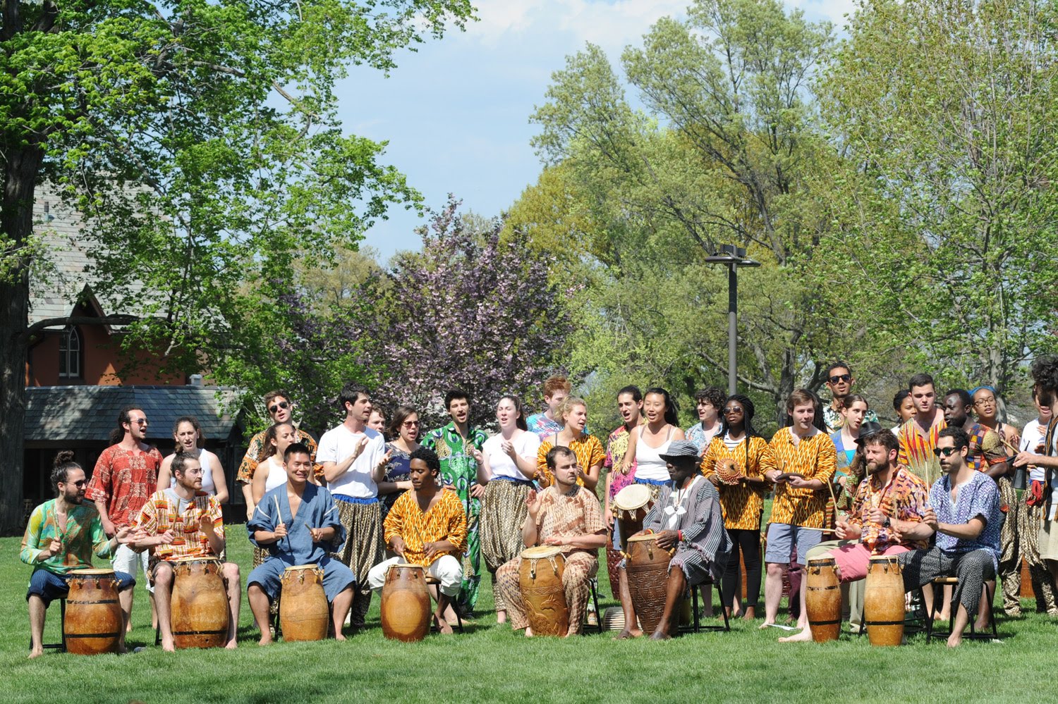 On May 8, the Wesleyan community gathered in the CFA Courtyard for an ivigorating performance filled with the rhythms of West Africa, featuring choreographer Iddi Saaka and master drummer Abraham Adzenyah with their students in three levels of “West African Dance” courses, plus guest artists.